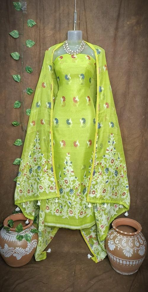 Lemon Green Color Dhakai Jamdani 2pcs Suit Set - Exquisite Handwoven Cotton Jamdani Suit Material with Matching Dupatta - Perfect for Any Occasion - Sarikart Online