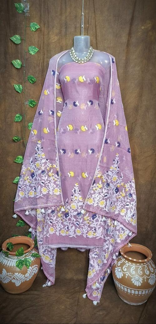 Lavender Color Dhakai Jamdani 2pcs Suit Set - Exquisite Handwoven Cotton Jamdani Suit with Matching Dupatta - Perfect for Any Occasion - Sarikart Online