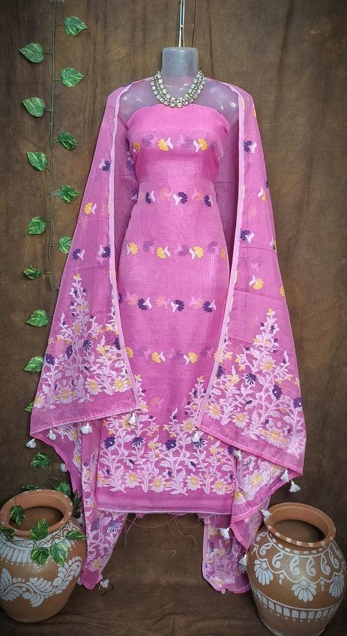 Pink Color Dhakai Jamdani 2pcs Suit Set - Exquisite Handwoven Cotton Jamdani Suit with Matching Dupatta - Perfect Blend of Tradition and Modernity for Any Occasion - Sarikart Online