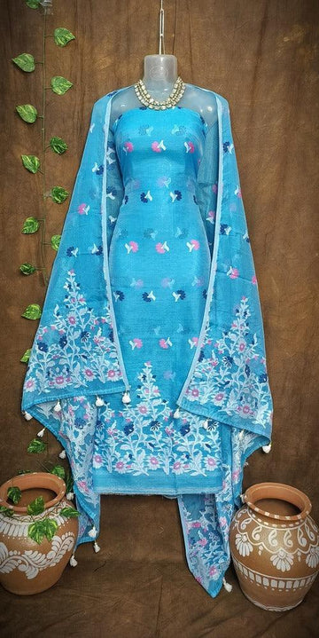 Blue Color Dhakai Jamdani 2pcs Suit Set - Exquisite Handwoven Cotton Jamdani Suit with Matching Dupatta - Ideal for Special Occasions - Traditional Bengali Weave with Contemporary Design Elements - Sarikart Online