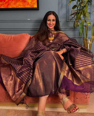 Coffee color zari stripes top and dupatta 2pcs Maheshwari cotto silk suit set