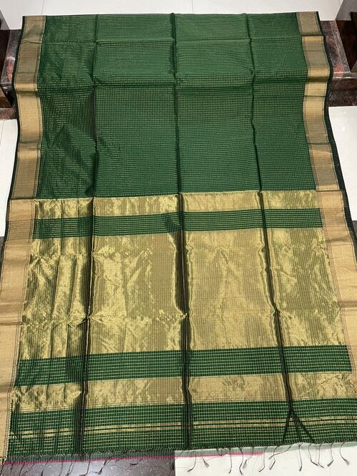 Bottle Green Maheshwari Cotton Silk Saree with Golden Zari Checks - Elegant Traditional Saree for Weddings & Festive Occasions