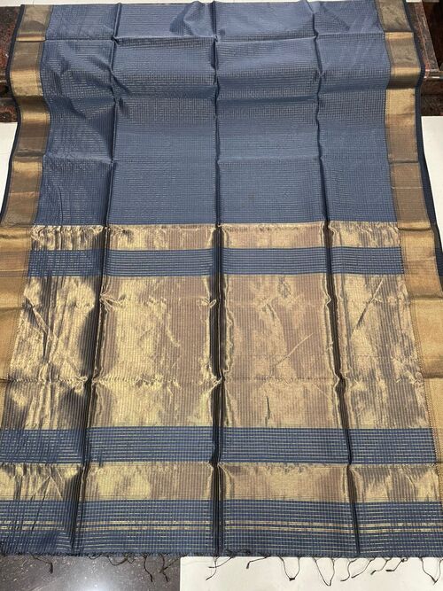 Blue Maheshwari Cotton Silk Saree with Golden Zari Checks | Handloom Saree for Women | Traditional Ethnic Saree with Blouse | Festive & Wedding Ready Soft Saree