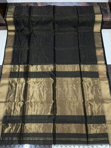 Black Maheshwari Cotton Silk Saree with Golden Zari Checks | Handwoven Traditional Ethnic Saree for Women | Perfect Festive & Wedding Saree with Blouse Piece