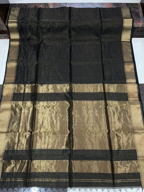 Black Maheshwari Cotton Silk Saree with Golden Zari Checks | Handwoven Traditional Ethnic Saree for Women | Perfect Festive & Wedding Saree with Blouse Piece