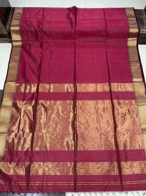 Magenta Maheshwari Cotton Silk Saree with Golden Zari Checks | Handwoven Traditional Saree for Women | Perfect Festive & Wedding Saree with Matching Blouse