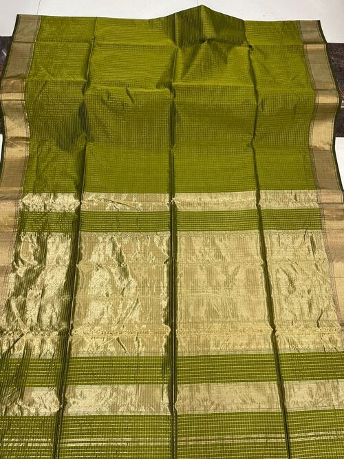 Mehandi Maheshwari Cotton Silk Saree with Golden Zari Checks | Handwoven Ethnic Saree for Women | Perfect for Festive & Wedding Occasions with Matching Blouse