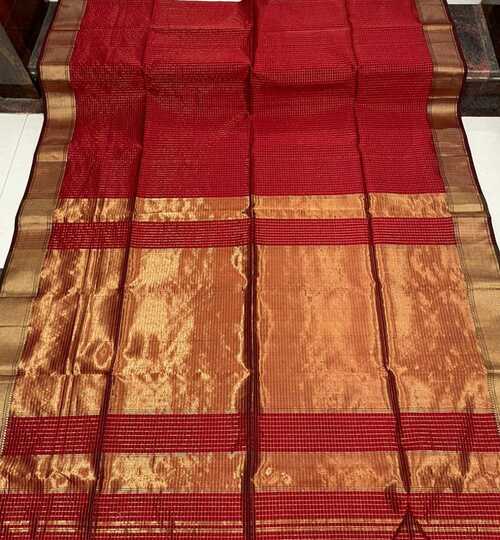 Red Maheshwari Cotton Silk Saree with Golden Zari Checks | Handwoven Ethnic Saree for Women | Perfect for Festive & Wedding Occasions with Matching Blouse