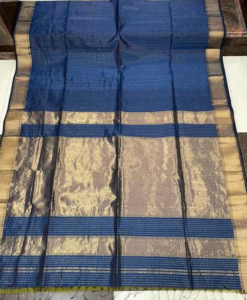 Royal Blue Maheshwari Cotton Silk Saree with Golden Zari Checks | Handwoven Ethnic Saree for Women | Perfect for Festive & Wedding Occasions with Matching Blouse