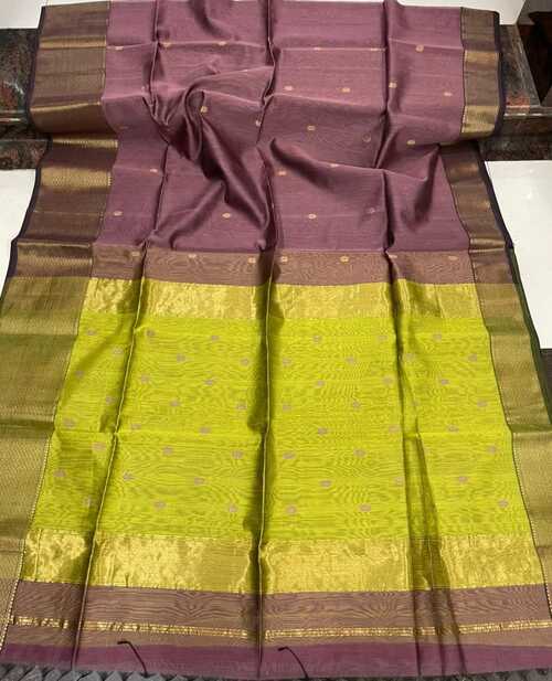 Light Wine Maheshwari Saree with Nyon Pallu & Buti Work | Handwoven Cotton Silk