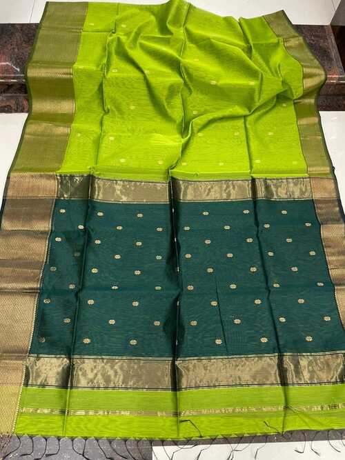 Parrot Green Maheshwari Saree with Bottle Green Pallu & Buti Work | Handwoven Cotton Silk