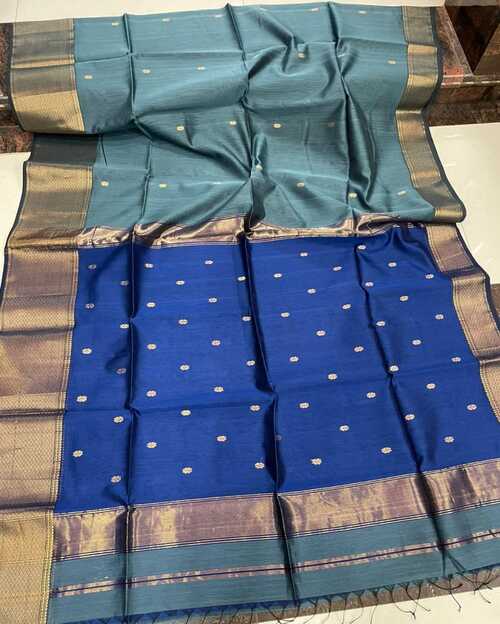 Teal Blue Maheshwari Saree with Dark Blue Pallu & Buti Work | Handwoven Cotton Silk