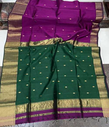 Dark Magenta Maheshwari Saree with Bottle Green Pallu & Buti Work | Handwoven Cotton Silk