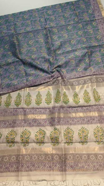 Blue Maheshwari Cotton Silk Saree - Handwoven Block Print with Small Zari Border & Blouse Piece