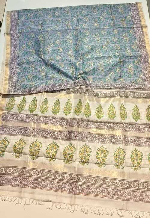 Light Purple Maheshwari Cotton Silk Saree - Handwoven Block Print with Small Zari Border & Blouse Piece