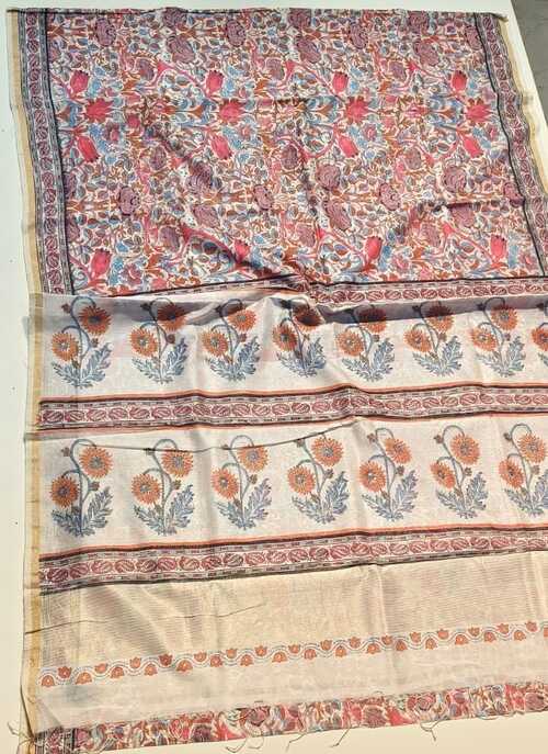 Cream Maheshwari Cotton Silk Saree - Handwoven Block Print Design with Small Zari Border & Blouse Piece