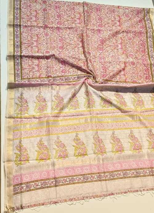 Peach Maheshwari Cotton Silk Saree - Handwoven Block Print Design with Small Zari Border & Blouse Piece