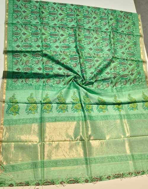 Green Maheshwari Cotton Silk Saree - Handwoven Block Print Design with Small Zari Border & Blouse Piece