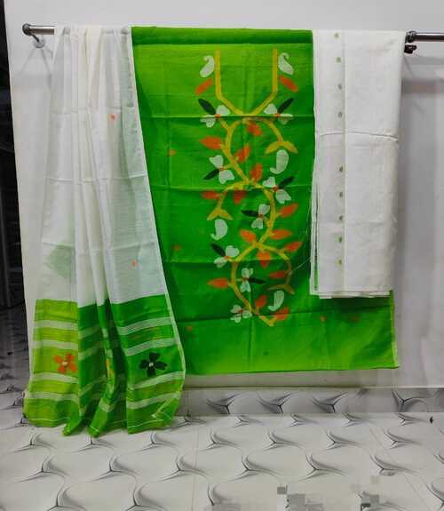 Parrot green Color Cotton Silk Dhakai Jamdani Suit Set