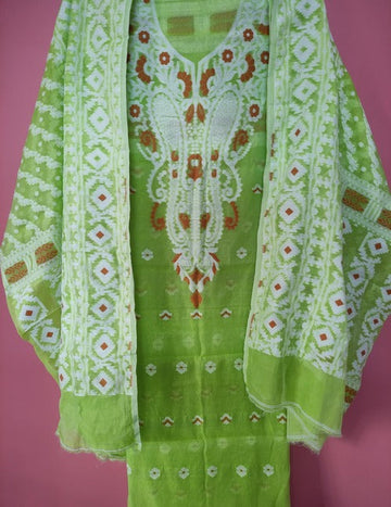 Parrot green & white color jamdani 2 pcs suit