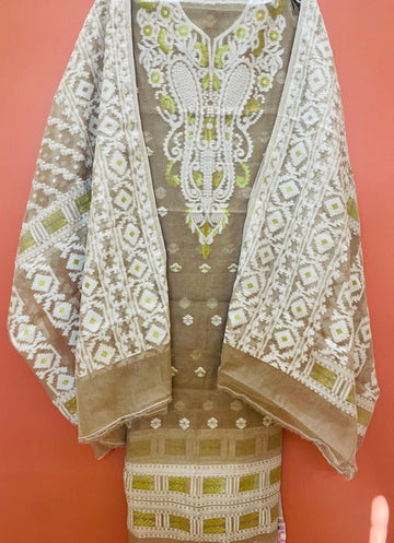 Brown & white color jamdani 2 pcs suit