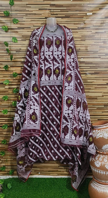 Maroon & white color 2 pcs jamdani suit