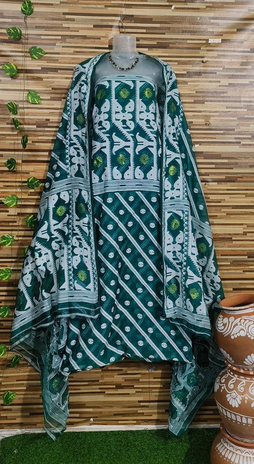 Teal green & white color 2 pcs jamdani suit