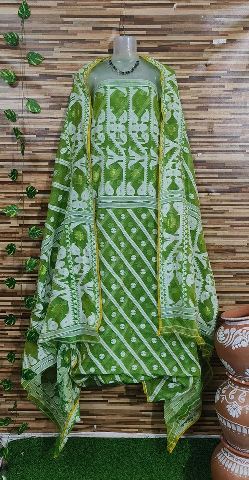 Parrot green & white color 2 pcs jamdani suit