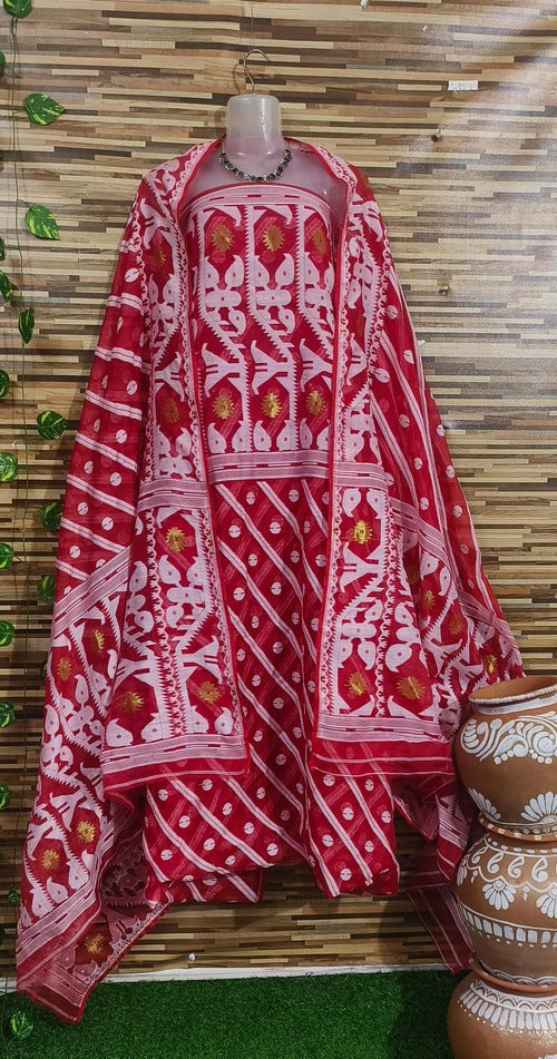 Red & white color 2 pcs jamdani suit