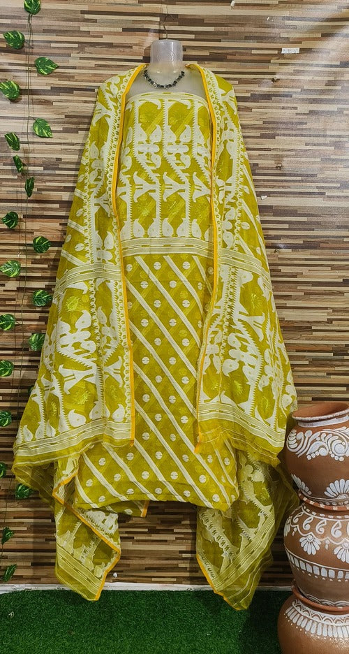 Mustard Yellow & white color 2 pcs jamdani suit