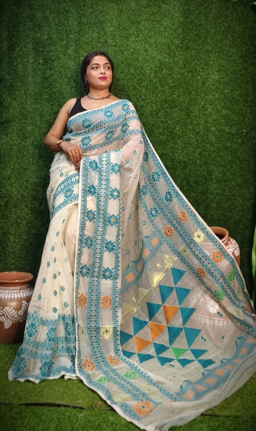 White & blue dhakai jamdani saree