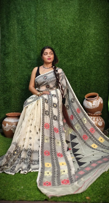 White & black dhakai jamdani saree