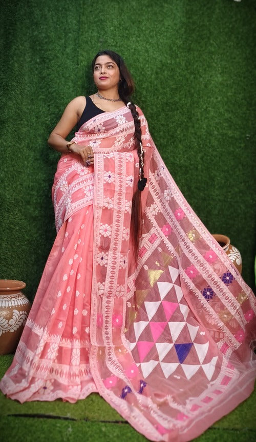 Baby pink & white dhakai jamdani saree