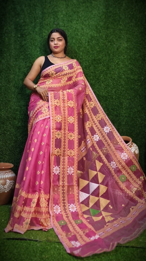 Pink & yellow dhakai jamdani saree