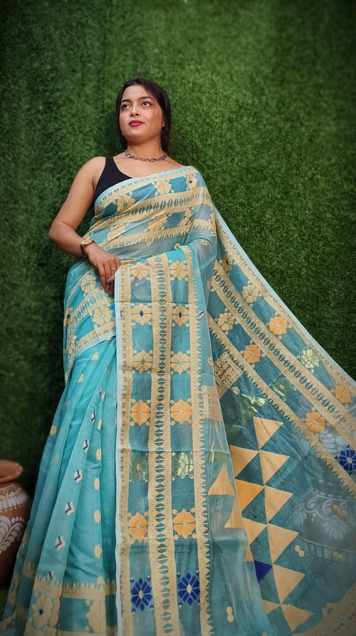 Blue & light yellow dhakai jamdani saree