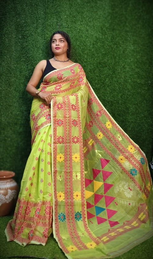 Pista green & red dhakai jamdani saree