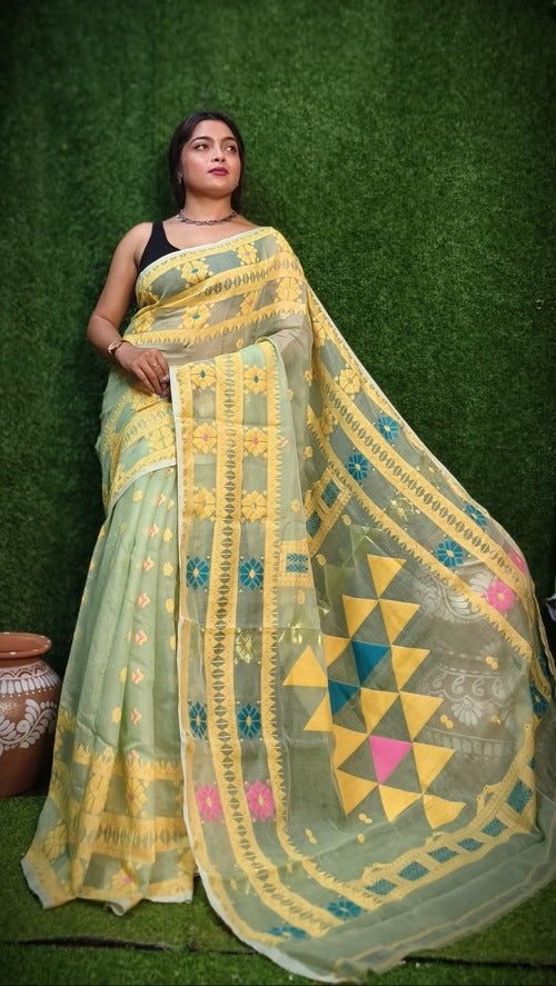 Beige & light yellow dhakai jamdani saree