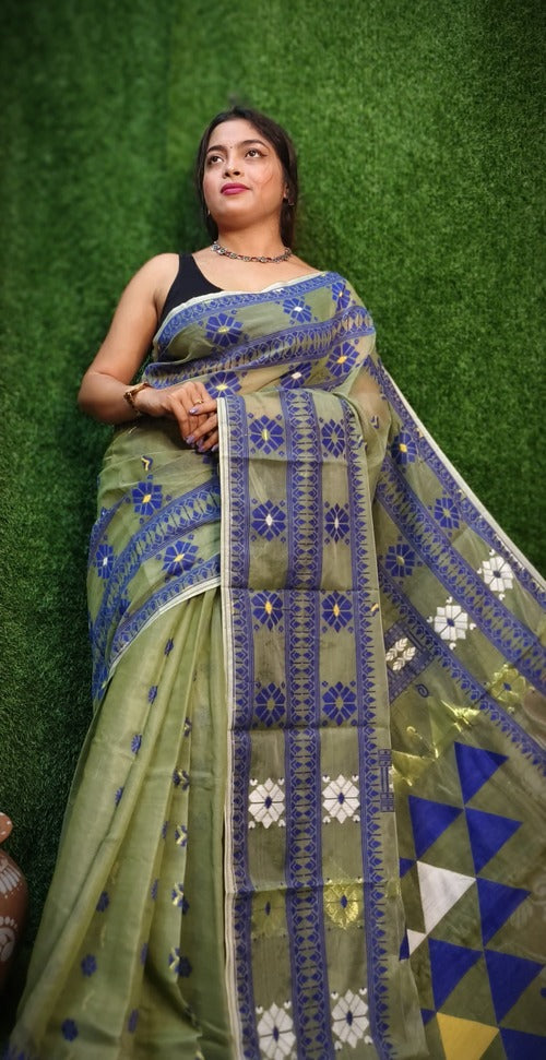 Light green & blue dhakai jamdani saree