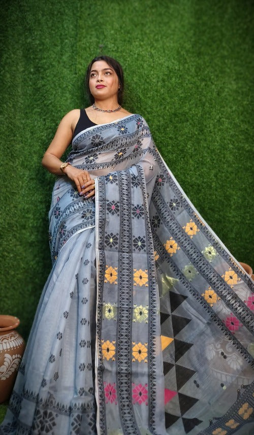 Grey & black dhakai jamdani saree