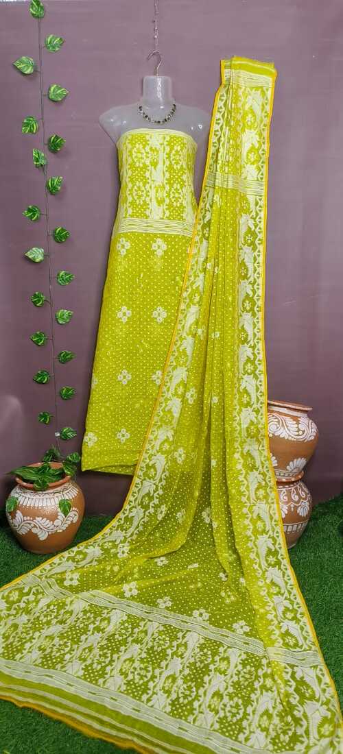 Fluorescent parrot green & white jamdani suit