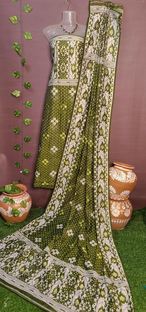 Mehandi green & white jamdani suit