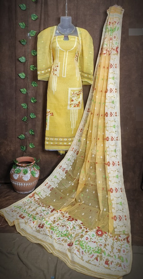 Yellow color 2 pcs dhakai jamdani suit set