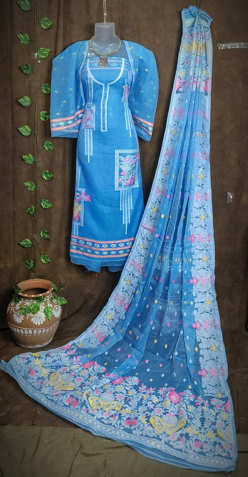 Blue color 2 pcs dhakai jamdani suit set