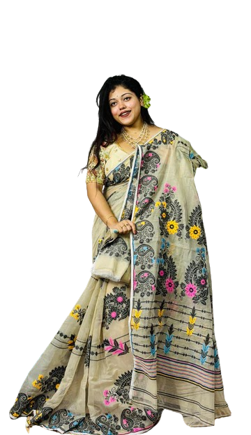 Beige Color Black Embroidered Dhakai Jamdani Saree With Bp