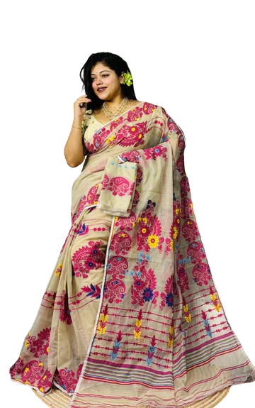 Beige Color Red & Yellow Embroidered Dhakai Jamdani Saree With Bp