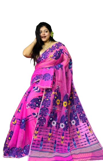Pink color purple & yellow embroidered dhakai jamdani saree with bp