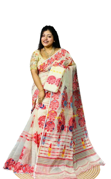 Beige color yellow & red embroidered dhakai jamdani saree with bp