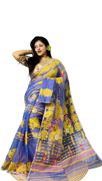 Blue color yellow & pink embroidered dhakai jamdani saree with bp