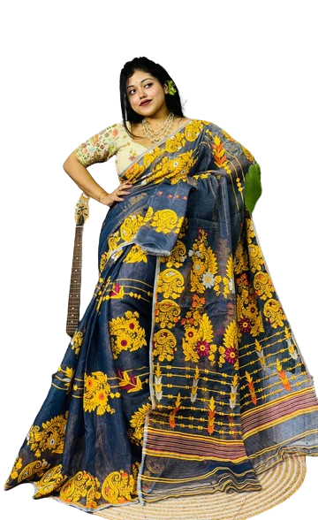 Black Color Yellow & Red Embroidered Dhakai Jamdani Saree With Bp