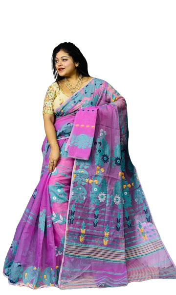 Pink color firozi & yellow embroidered dhakai jamdani saree with bp